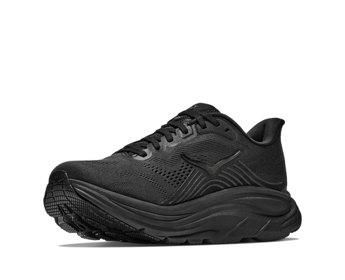 נעלי ריצה HOKA Clifton 11 Wide לנשים HOK308W-BBLC בשחור מלא - מבט צד על סוליה גבוהה ורשת מהונדסת ברוחב D לריצת כביש - מבט מלפנים