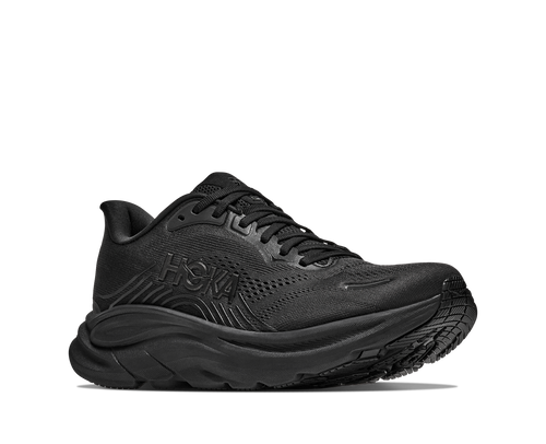 נעלי ריצה HOKA Clifton 11 Wide לנשים HOK308W-BBLC בשחור מלא - מבט צד על סוליה גבוהה ורשת מהונדסת ברוחב D לריצת כביש - בשימוש