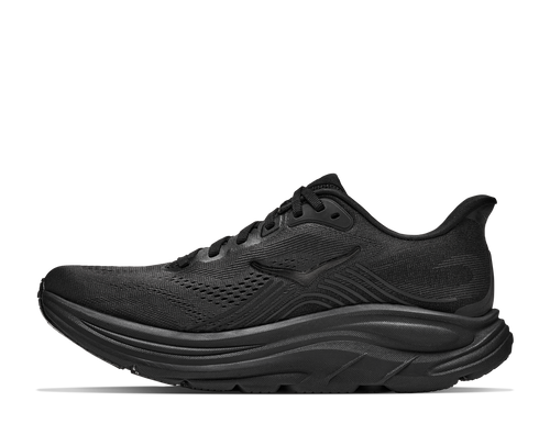 נעלי ריצה HOKA Clifton 11 Wide לנשים HOK308W-BBLC בשחור מלא - מבט צד על סוליה גבוהה ורשת מהונדסת ברוחב D לריצת כביש - פרטי מוצר