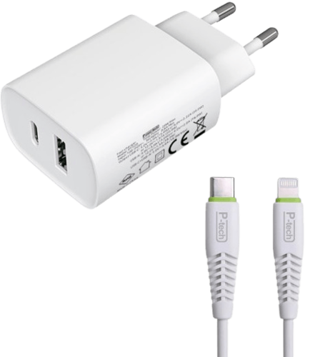 מטען קיר 20W עם כניסות USB-Type C + USB-A וכבל USB Type-C לחיבור Lightning באורך 1.5 מטר | צבע לבן | פאוור טק - POWER-TECH