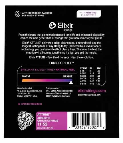 סט מיתרים לאקוסטית ELIXIR ATTUNE Acoustic Guitar Strings 80/20 Bronze 23027 11-52