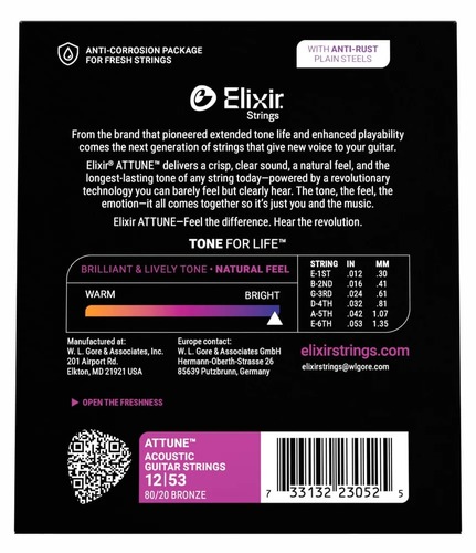 סט מיתרים לאקוסטית ELIXIR ATTUNE Acoustic Guitar Strings 80/20 Bronze 23052 12-53