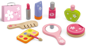 תיק איפור ורוד עם אביזרים מעץ מלא למשחקי דמיון 10 חלקים