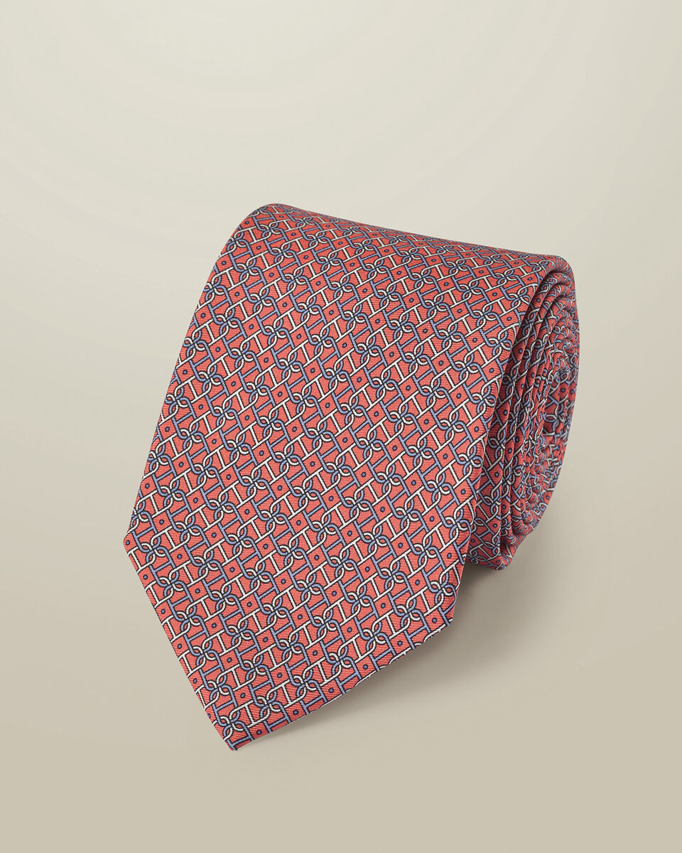עניבה - Coral pink silk print tie