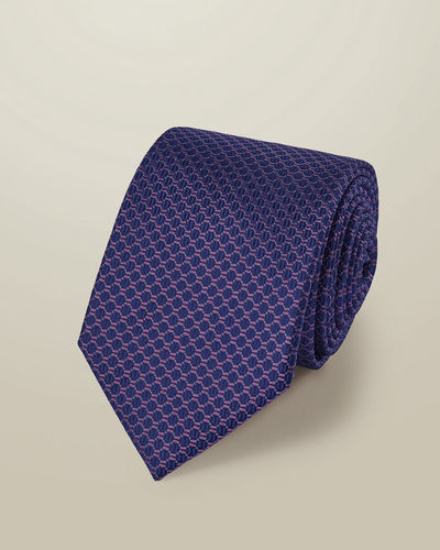 עניבה - Cobalt blue and pink semi plain patterned silk tie