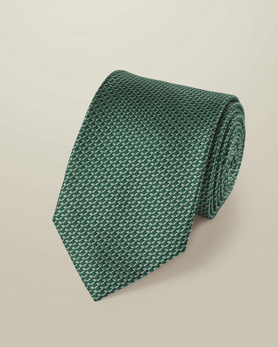 עניבה - Green semi plain patterned silk tie