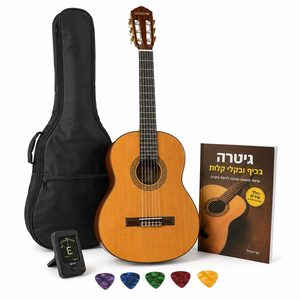 חבילת גיטרה קלאסית SALVADORI למתחילים עם נרתיק, טיונר, ספר לימוד גיטרה בכיף ובקלי קלות ו-5 מפרטים