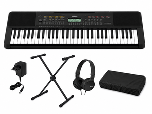 `חבילת אורגנית Yamaha PSR-E283 למתחילים עם שנאי, סטנד DF-002, אוזניות Sony MDR-ZX100 וכיסוי אבק ROCKTONE DC96`