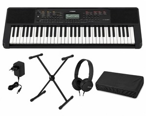 `חבילת אורגנית Yamaha PSR-E383 עם קלידים רגישים למגע, שנאי, סטנד DF-002, אוזניות Sony MDR-ZX100 וכיסוי אבק ROCKTONE DC96`