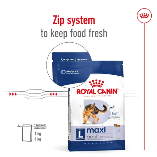 שקית מזון יבש לכלב בוגר מגזע גדול Royal Canin Maxi Adult 3182551065404 - אריזת 15 ק