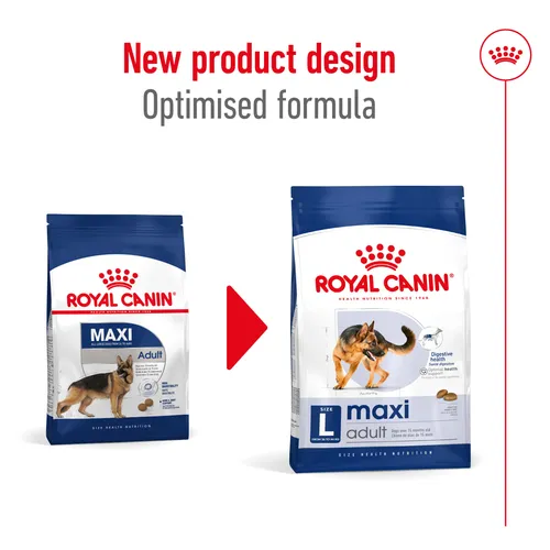 שקית מזון יבש לכלב בוגר מגזע גדול Royal Canin Maxi Adult 3182551065404 - אריזת 15 ק