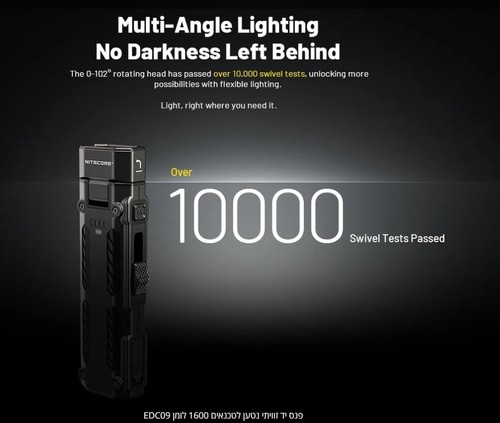 פנס יד זוויתי נטען לטכנאים EDC09 1600 לומן שחור – Nitecore