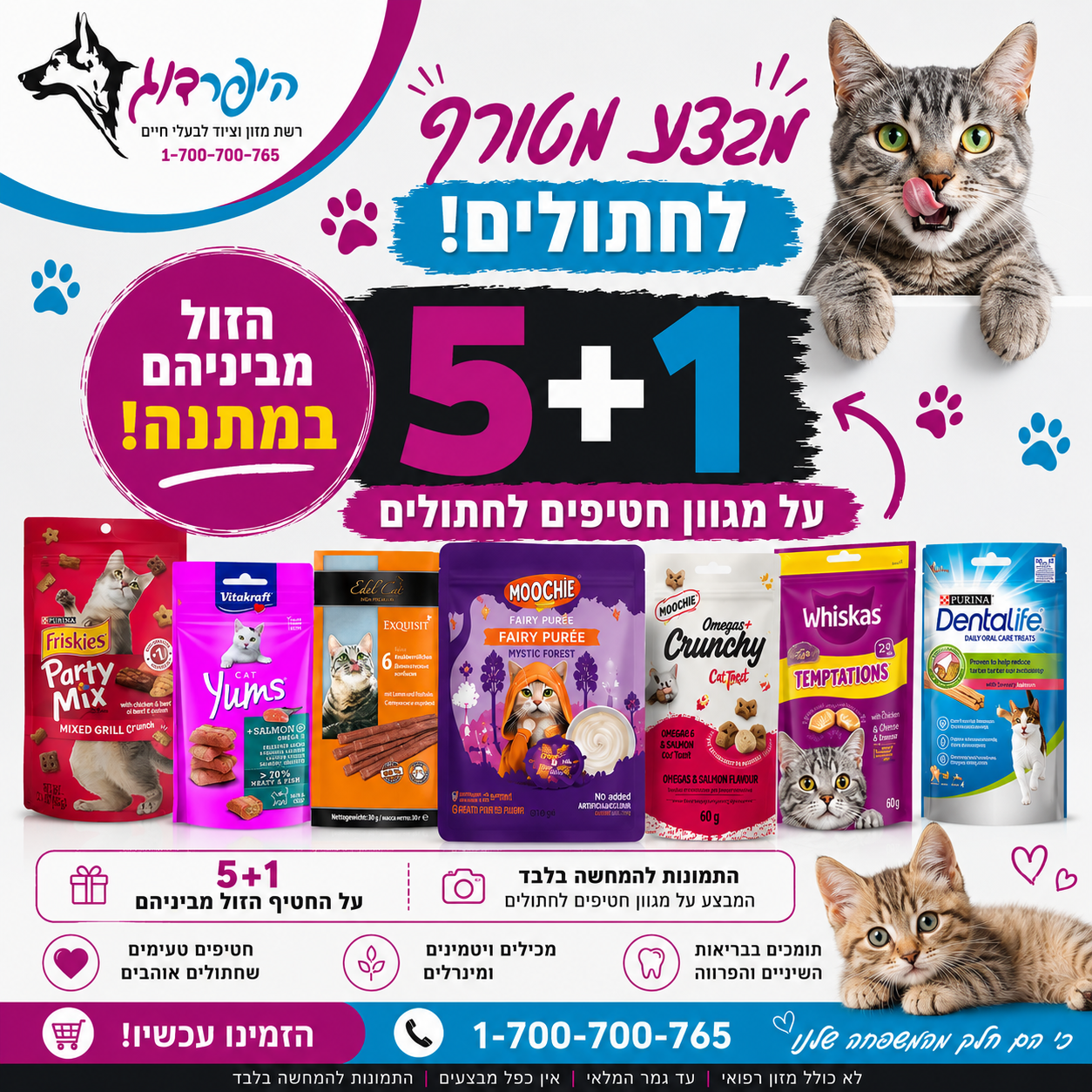 מבצע מטורף בהיפר דוג חטיפים לחתולים מהמותגים המובלים 5+1 מתנה הזול בנהם