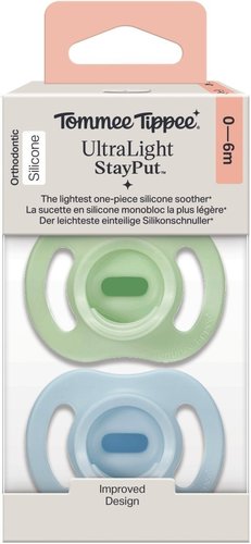 זוג מוצצים אורתודונטים 0-6 חודשים Tommee Tippee UltraLight StayPut - כחול וירוק