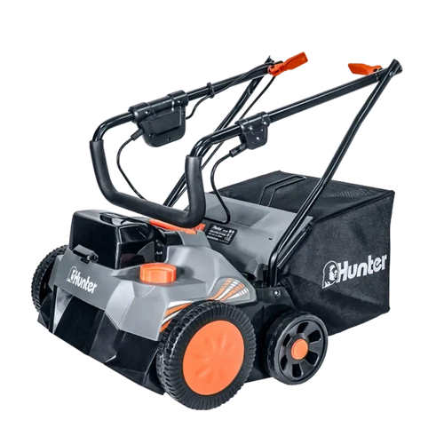 מסרק ומטאטא דשא סינטטי Hunter 102910-003 במצב אחסון עם ידית מתקפלת ושק איסוף 35 ליטר