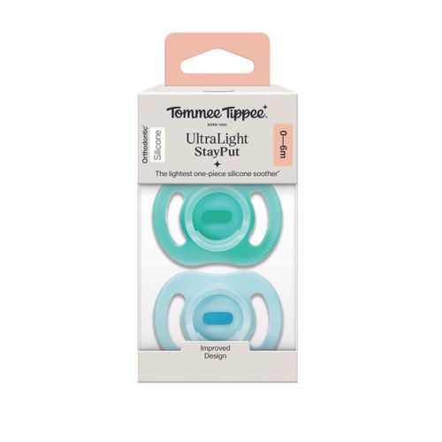 זוג מוצצים אורתודונטים 0-6 חודשים Tommee Tippee UltraLight StayPut - תכלת טורקיז