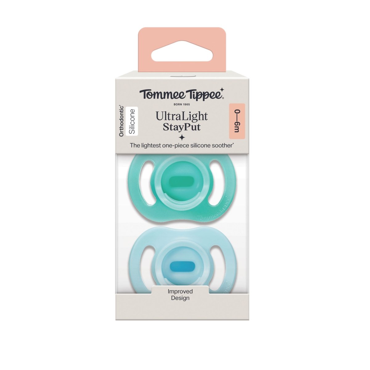 זוג מוצצים אורתודונטים 0-6 חודשים Tommee Tippee UltraLight StayPut - תכלת טורקיז