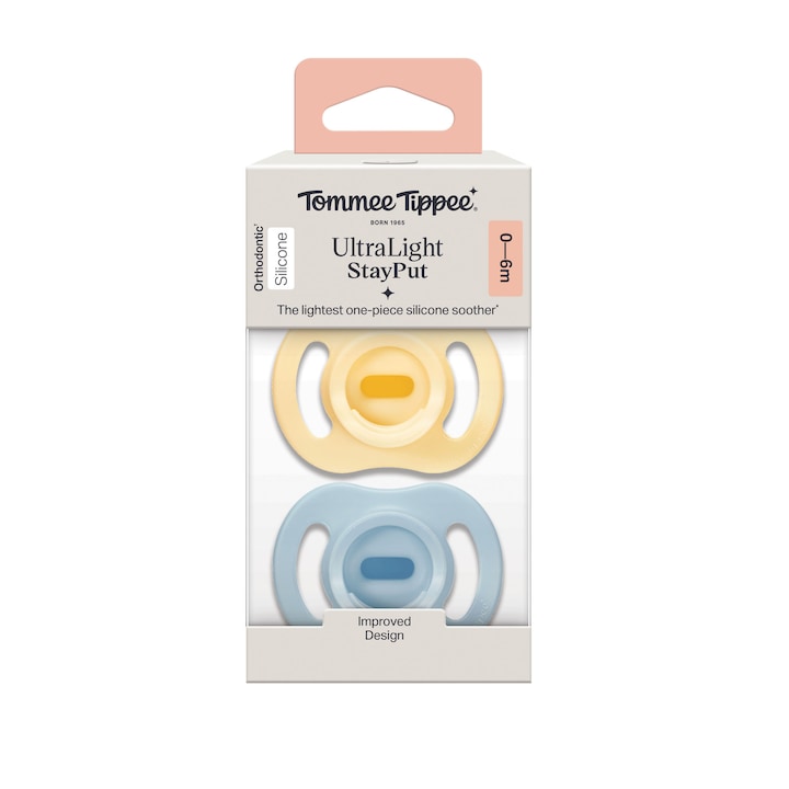 זוג מוצצים אורתודונטים 0-6 חודשים Tommee Tippee UltraLight StayPut - צהוב תכלת