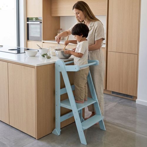מגדל למידה מתקפל מעץ לפעוטות וילדים עם מעקה בטיחות דגם רייגן - כחול