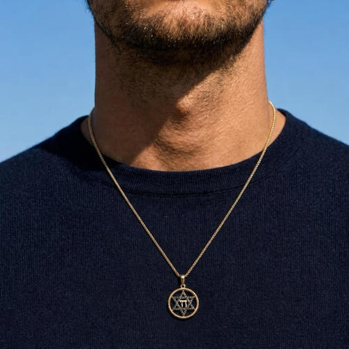 שרשרת ותליון מגן דוד וחי יהלומים שחורים  זהב 14K