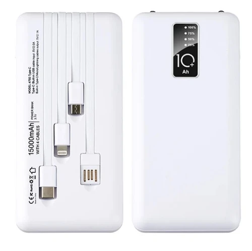 מטען נייד/ סוללת גיבוי 15000mAh עם כבלים מובנים | צבע לבן