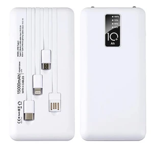 מטען נייד/ סוללת גיבוי 15000mAh עם כבלים מובנים | צבע לבן