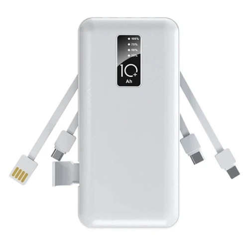 מטען נייד/ סוללת גיבוי 15000mAh עם כבלים מובנים | צבע לבן