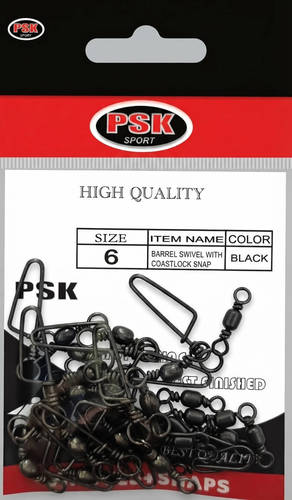 חבילת סביבלים עם סיכת קוסטלוק מידה 6 צבע שחור PSK Sport Barrel Swivel with Coastlock Snap