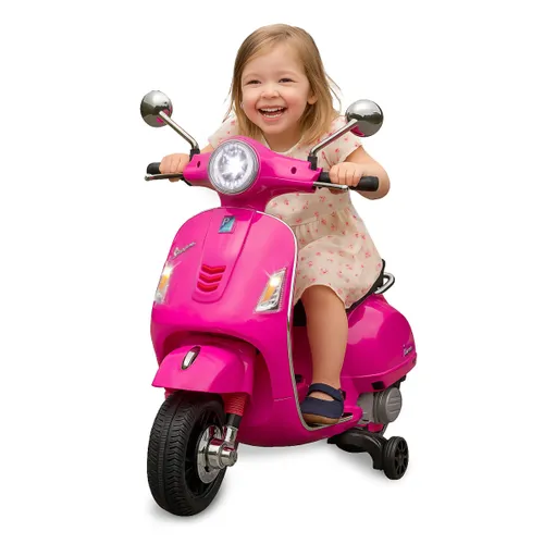 אופנוע ממונע 12V וספה VESPA מפואר עם גלגלי עזר, פסי גומי על הגלגלים, אורות ואפקטים קוליים - ורוד