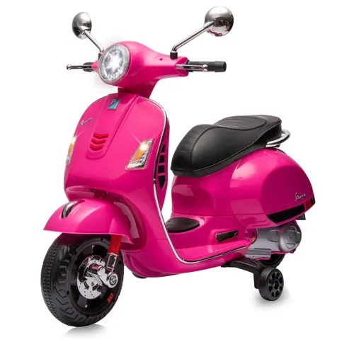 אופנוע ממונע 12V וספה VESPA מפואר עם גלגלי עזר, פסי גומי על הגלגלים, אורות ואפקטים קוליים - ורוד