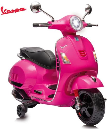 אופנוע ממונע 12V וספה VESPA מפואר עם גלגלי עזר, פסי גומי על הגלגלים, אורות ואפקטים קוליים - ורוד