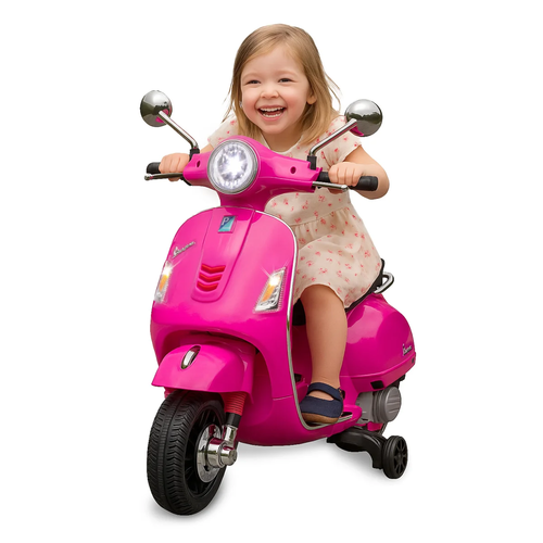 אופנוע ממונע 12V וספה VESPA מפואר עם גלגלי עזר, פסי גומי על הגלגלים, אורות ואפקטים קוליים - ורוד