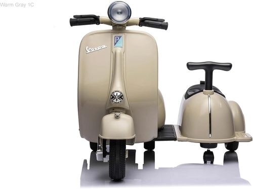 אופנוע ממונע לילדים וספה Vespa קלאסי 12V עם סירת צד, שני מושבים, אור ותא מטען מובנה - שמנת
