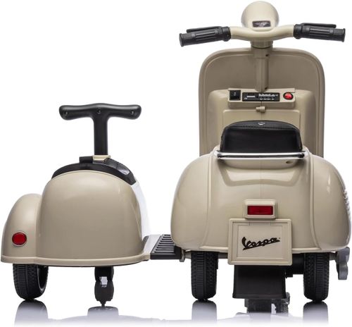אופנוע ממונע לילדים וספה Vespa קלאסי 12V עם סירת צד, שני מושבים, אור ותא מטען מובנה - שמנת