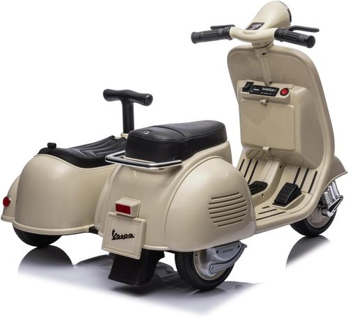 אופנוע ממונע לילדים וספה Vespa קלאסי 12V עם סירת צד, שני מושבים, אור ותא מטען מובנה - שמנת