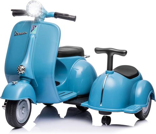 אופנוע ממונע לילדים וספה Vespa קלאסי 12V עם סירת צד, שני מושבים, אור ותא מטען מובנה - תכלת