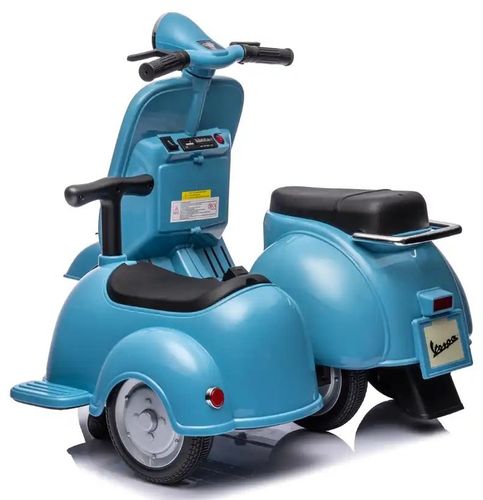 אופנוע ממונע לילדים וספה Vespa קלאסי 12V עם סירת צד, שני מושבים, אור ותא מטען מובנה - תכלת
