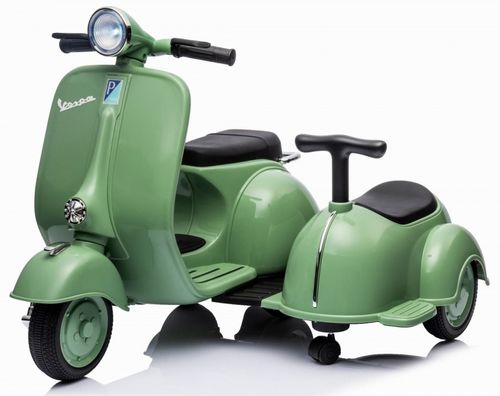 אופנוע ממונע לילדים וספה Vespa קלאסי 12V עם סירת צד, שני מושבים, אור ותא מטען מובנה - ירוק