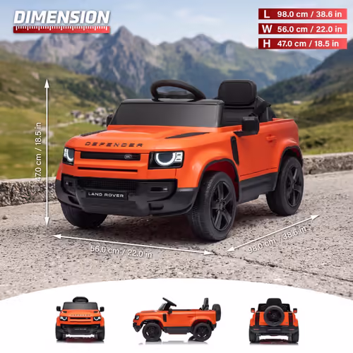 מכונית ממונעת 12V לילדים לנדרובר דיפנדר Land Rover Defender עם דלתות נפתחות, מערכת מולטימדיה מתקדמת ותאורת לד - כתום