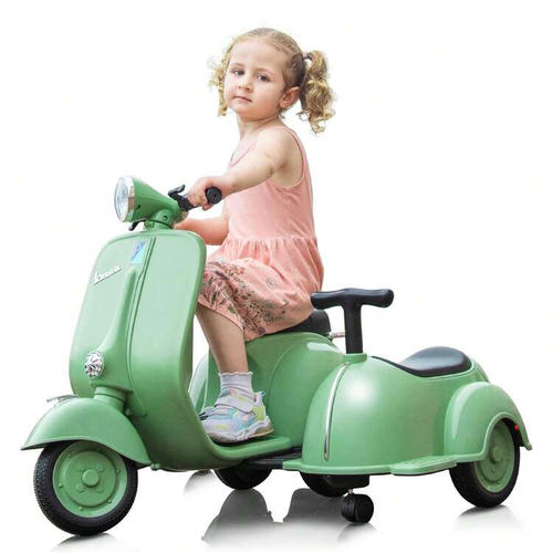 אופנוע ממונע לילדים וספה Vespa קלאסי 12V עם סירת צד, שני מושבים, אור ותא מטען מובנה - ירוק