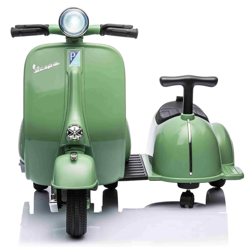 אופנוע ממונע לילדים וספה Vespa קלאסי 12V עם סירת צד, שני מושבים, אור ותא מטען מובנה - ירוק