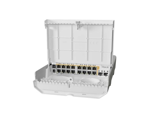 מתג חיצוני 18 יציאות עם 16 יציאות PoE-Out וחיבורי SFP+ מבית Mikroti