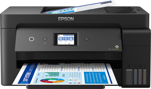 מדפסת הזרקת דיו משולבת עד גודל נייר A3 מבית Epson דגם ECOTANK L14150 בעלת מהירות הדפסה של עד 38 עמודים לדקה בשחור, מהירות הדפסה של עד 24 דפים בצבע וכוללת חיבור USB וWI-FI וחסכונית בעלויות.
