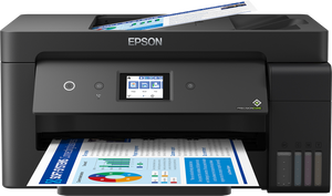מדפסת הזרקת דיו משולבת עד גודל נייר A3 מבית Epson דגם ECOTANK L14150 בעלת מהירות הדפסה של עד 38 עמודים לדקה בשחור, מהירות הדפסה של עד 24 דפים בצבע וכוללת חיבור USB וWI-FI וחסכונית בעלויות.