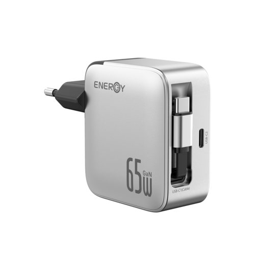 מטען בית עם כבל נשלף צבע טיטניום ENERGY GaN PD65WC2