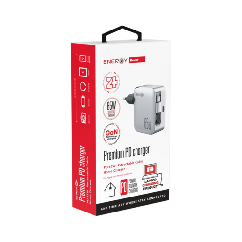 מטען בית עם כבל נשלף צבע טיטניום ENERGY GaN PD65WC2