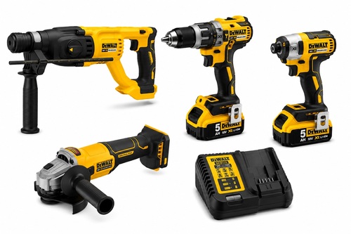 סט כלים נטען DEWALT DCK4P2 הכולל פטישון DCH133 אימפקט DCF887 משחזת DCG407 מקדחה מברגה DCD796 שתיי סוללות ומטען
