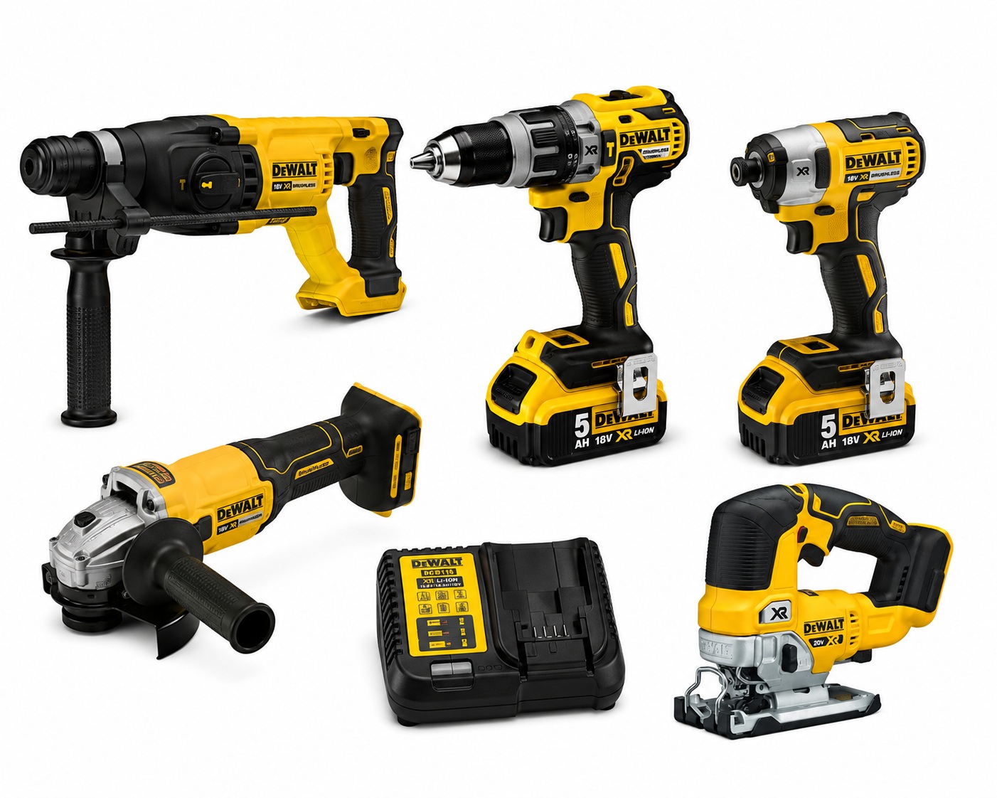 סט כלים נטען DEWALT DCK5P2 הכולל אימפקט DCF887 פטישון DCH133 מקדחה מברגה DD796 משחזת DCG407 משור אנכי DCS334 שתיי סוללות 5A ומטען