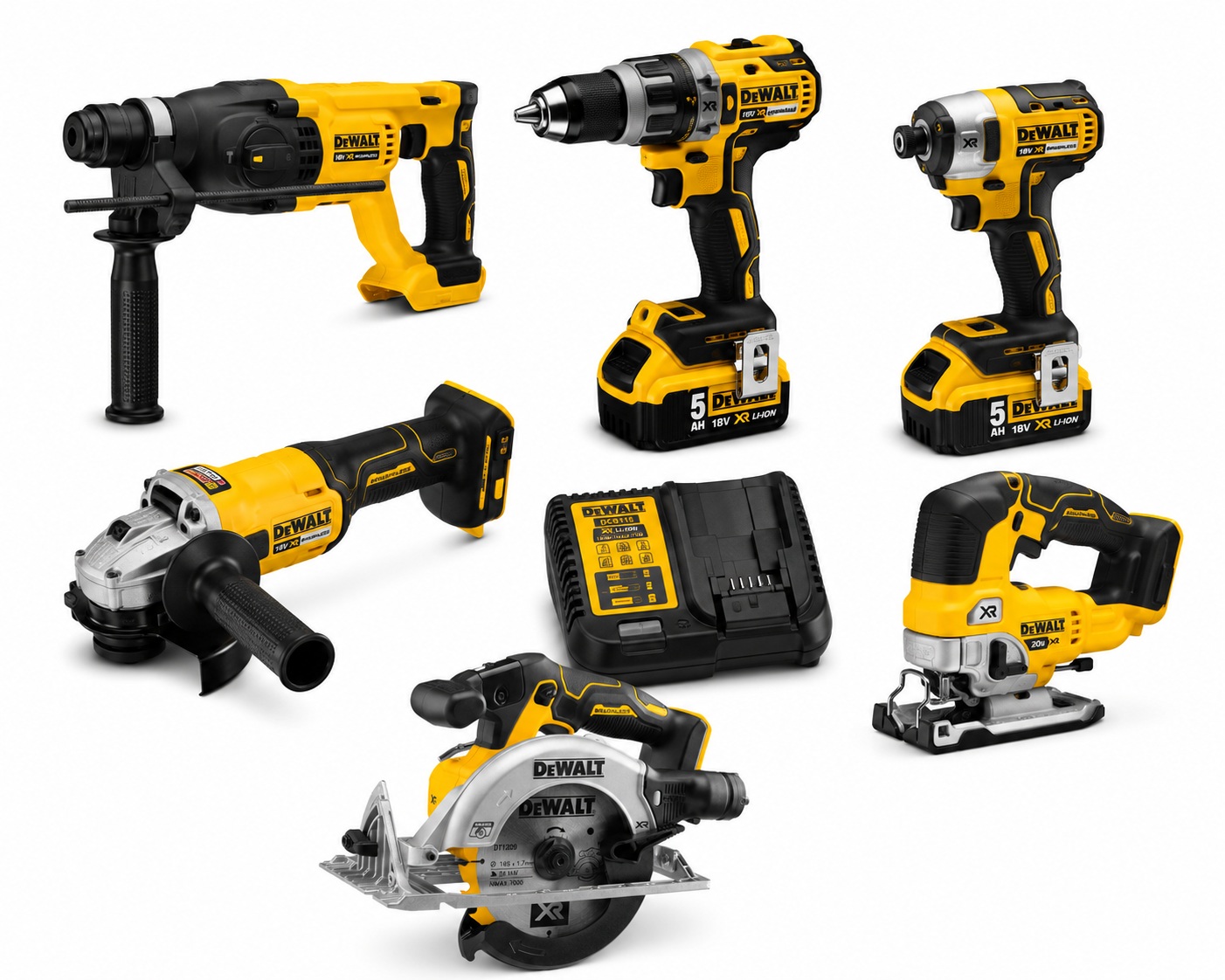 סט כלים נטען DEWALT DCK6P2 הכולל אימפקט DCF887 מקדחה מברגה DCD796 פטישון DCH133 משחזת DCG407 משור אנכי DCS334 משור עגול DCS565 שתיי סוללות 5A מטען