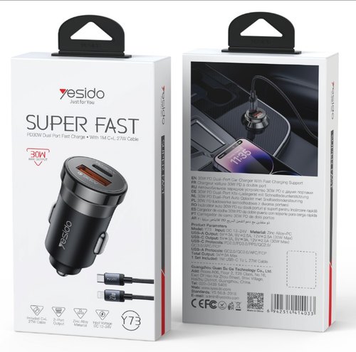 מטען מהיר לרכב Yesido Y73 בהספק 30W - יציאות USB-A ו-USB-C (כולל כבל C-L)